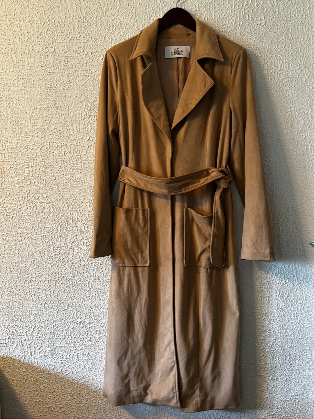 Badgley Mischka Tan Faux Suede Camel Long Belted Trench Coat